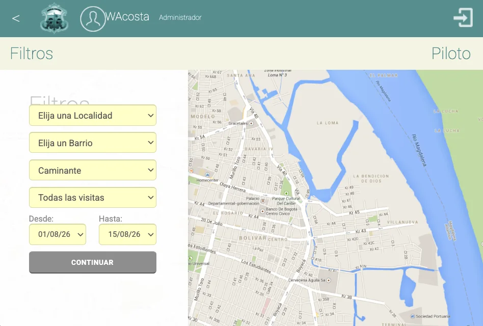 Panel de filtros encadenados del mapa: localidad, barrio, caminante y rango de fechas