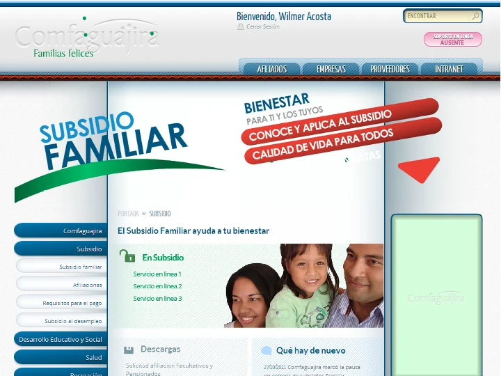 El área de Subsidio Familiar, con el menú lateral desplegado
