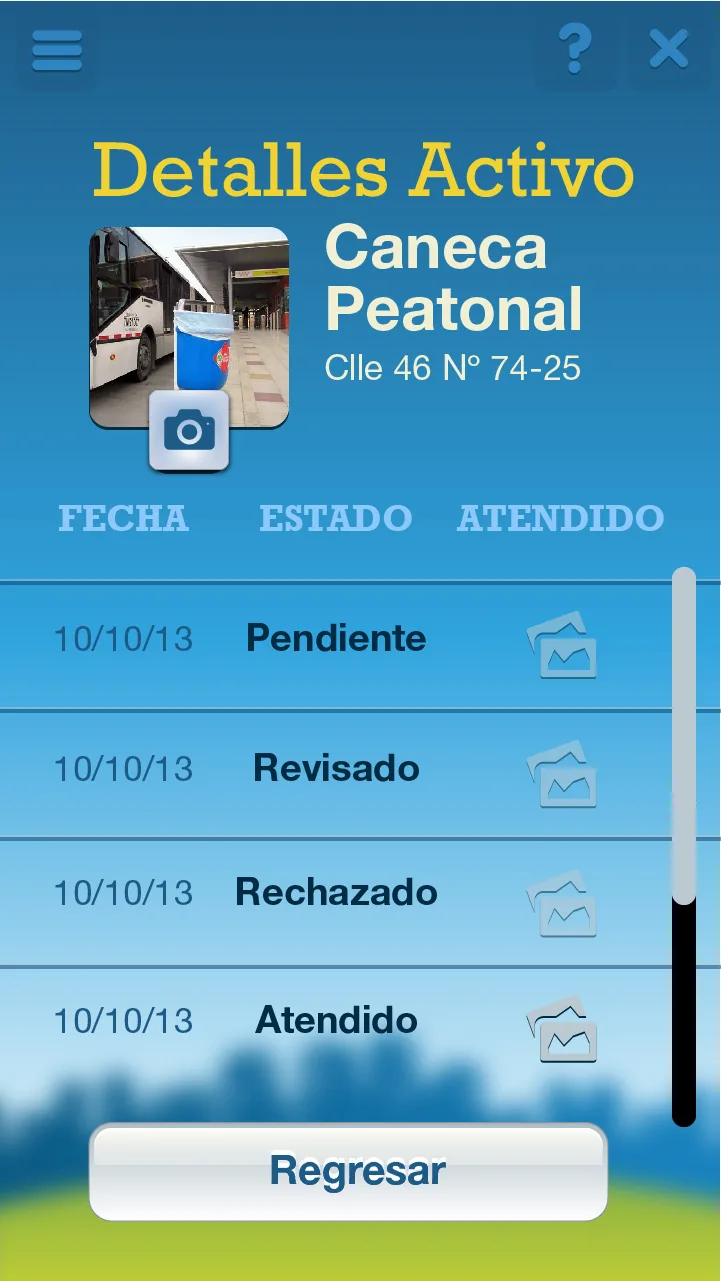 Historial de reportes del activo con fecha, estado y atención