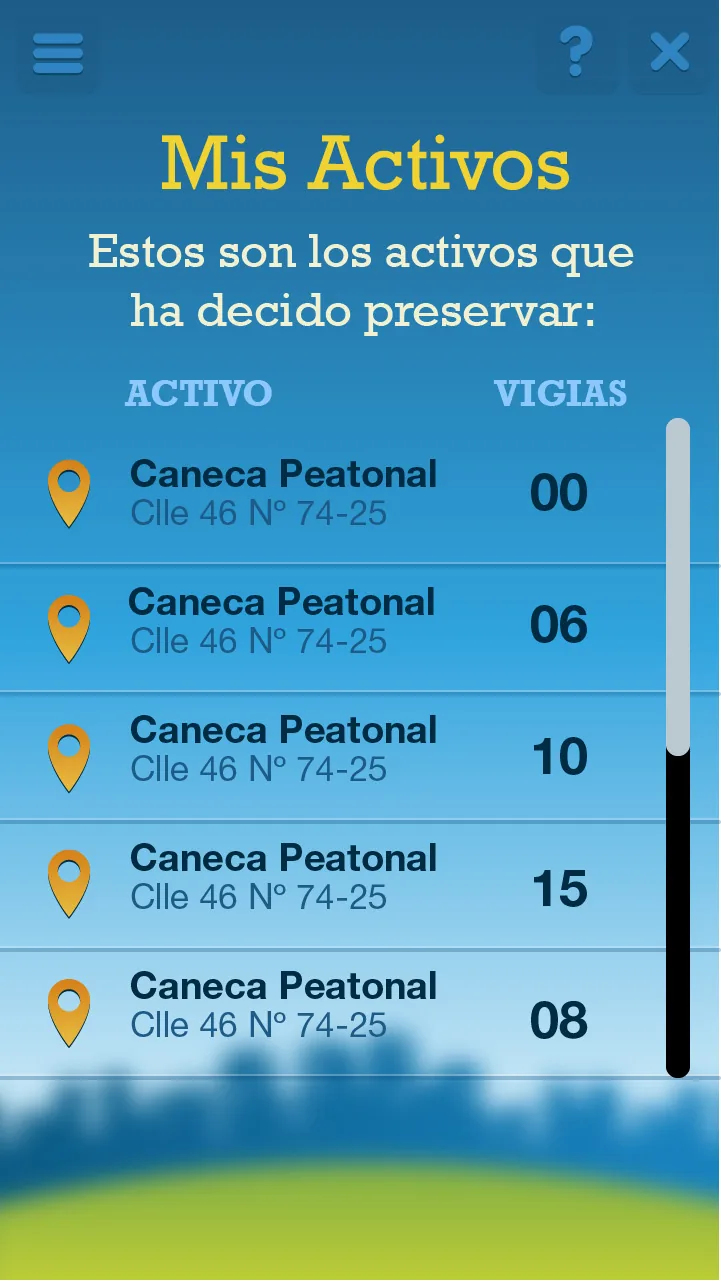 Pantalla «Mis Activos» con la lista de activos adoptados y su número de vigías