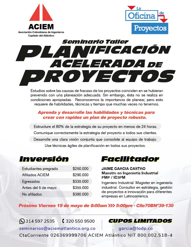Volante del seminario Planificación Acelerada de Proyectos, con ACIEM