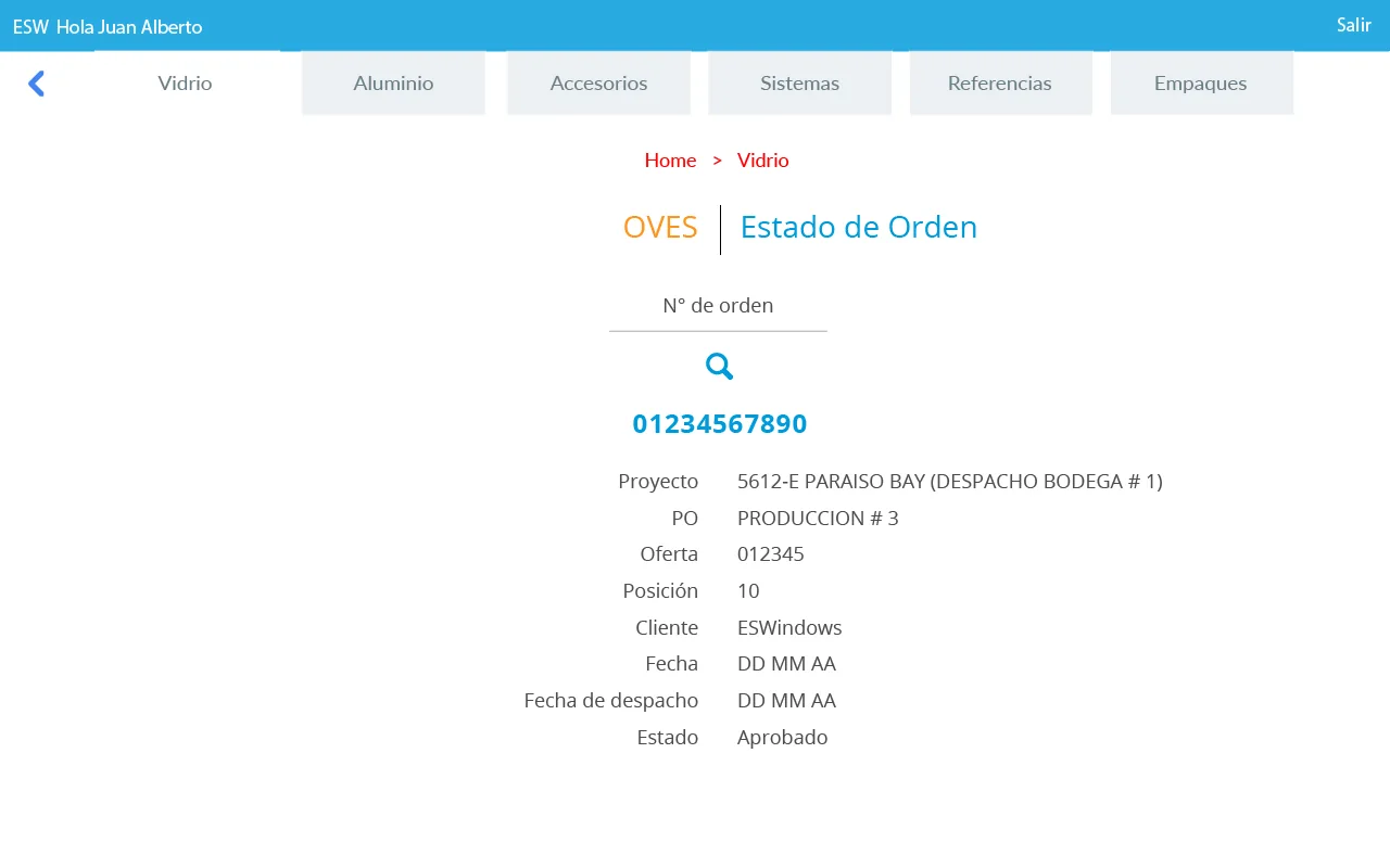 Estado de una orden de vidrio en GlassInspector