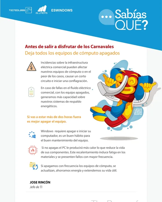 Pieza de carnaval que pide dejar apagados los equipos de c&oacute;mputo, con la ilustraci&oacute;n del mar&iacute;a mo&ntilde;itos