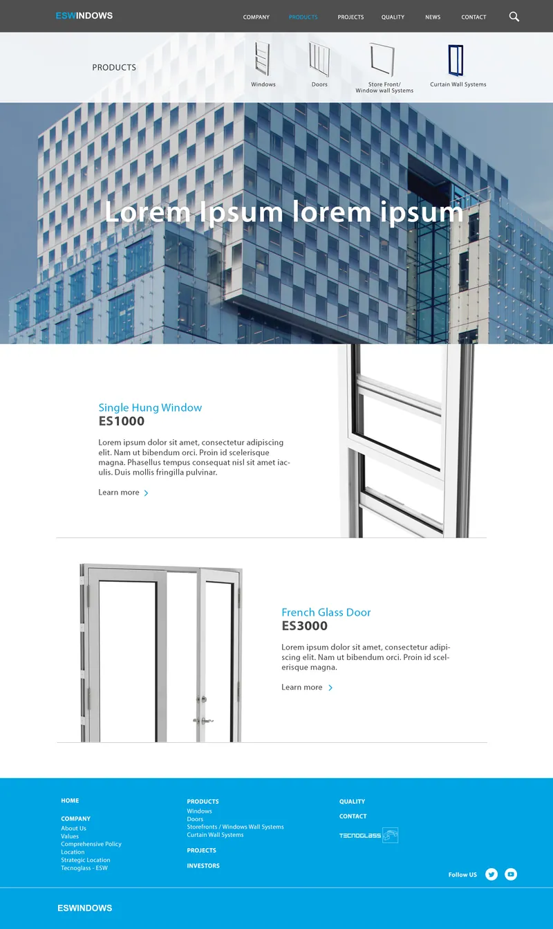 Cat&aacute;logo de productos de ESWindows con las familias de ventana, puerta y fachada