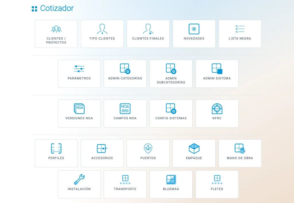 Men&uacute; principal del cotizador de fachadas, con veintid&oacute;s tarjetas agrupadas en cuatro bloques