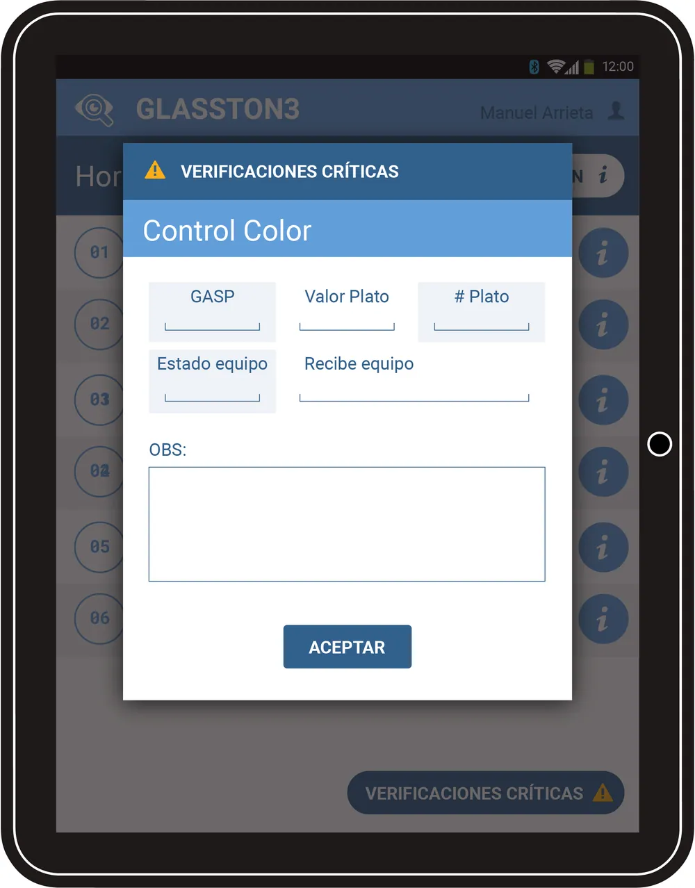 Formulario de verificaciones cr&iacute;ticas de control de color sobre la pantalla de hornada