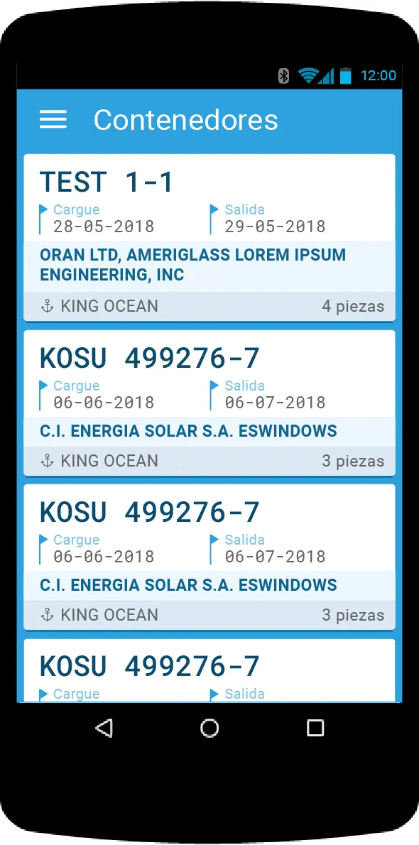 Listado de contenedores con el cliente, la naviera, las fechas de cargue y salida y las piezas
