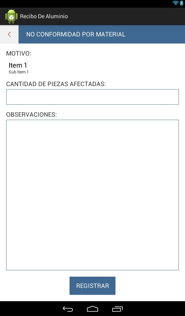 Pantalla de registro de no conformidad por material en la app de recibo de aluminio