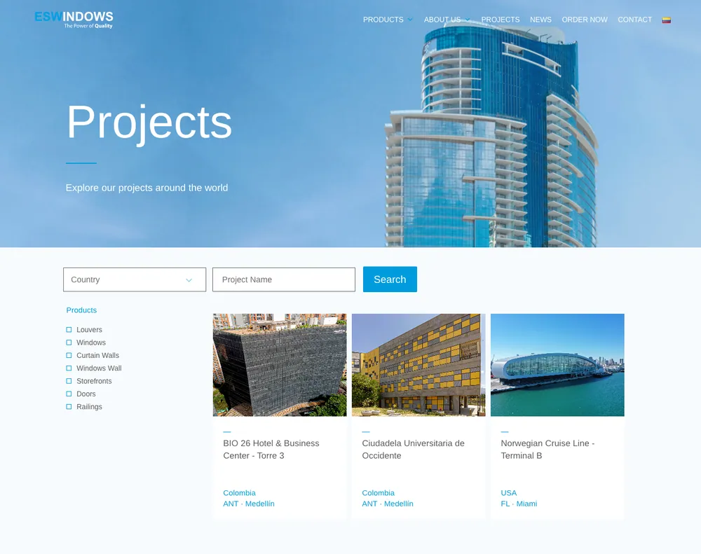 Propuesta B de la secci&oacute;n de proyectos de ESWindows, con buscador por pa&iacute;s y producto