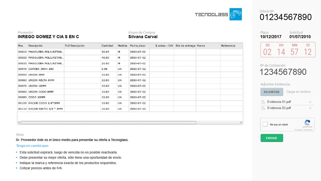 Formulario de cotizaci&oacute;n del portal de proveedores con la lista de &iacute;tems y la carga de evidencias