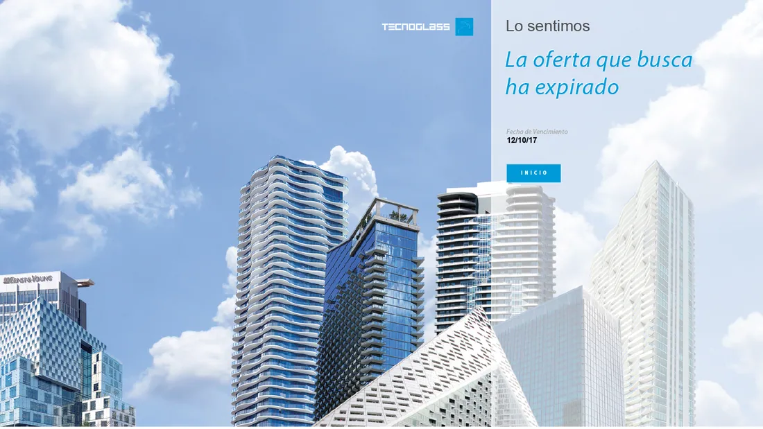 Pantalla de oferta vencida sobre una fotograf&iacute;a de fachada acristalada