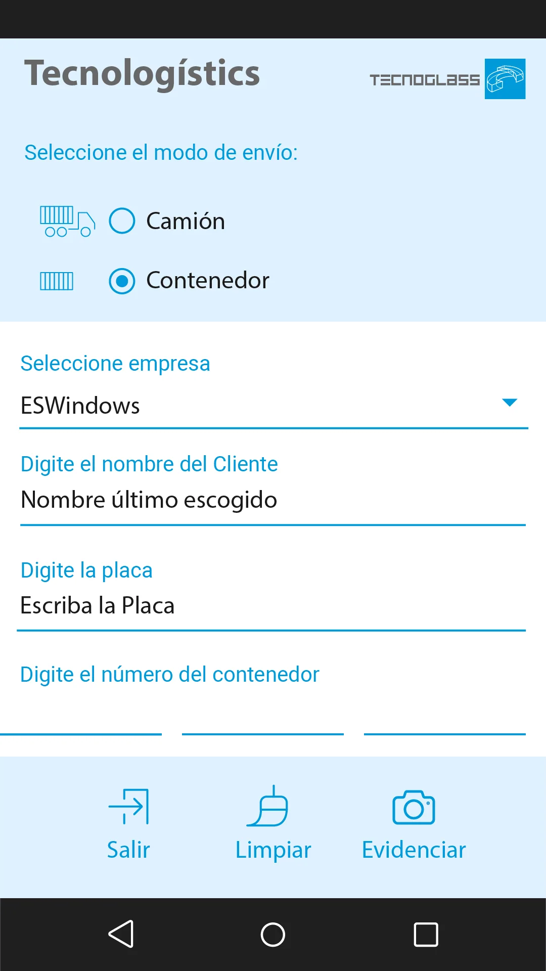 Formulario de env&iacute;o por cami&oacute;n o contenedor con captura de evidencia fotogr&aacute;fica