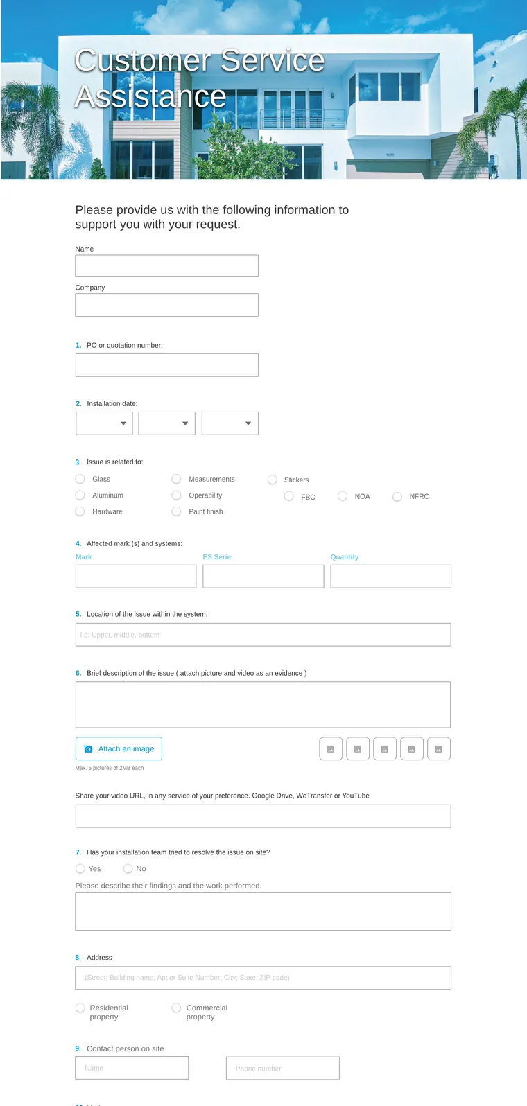 P&aacute;gina de servicio al cliente de ESWindows con los canales de atenci&oacute;n y el formulario