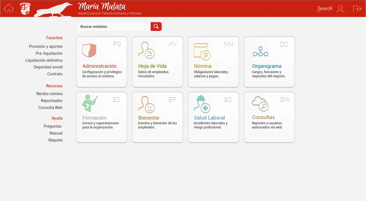 Menu principal transformacion organizacional seleccionada — María Mulata · Gestión del Talento Humano y Nómina