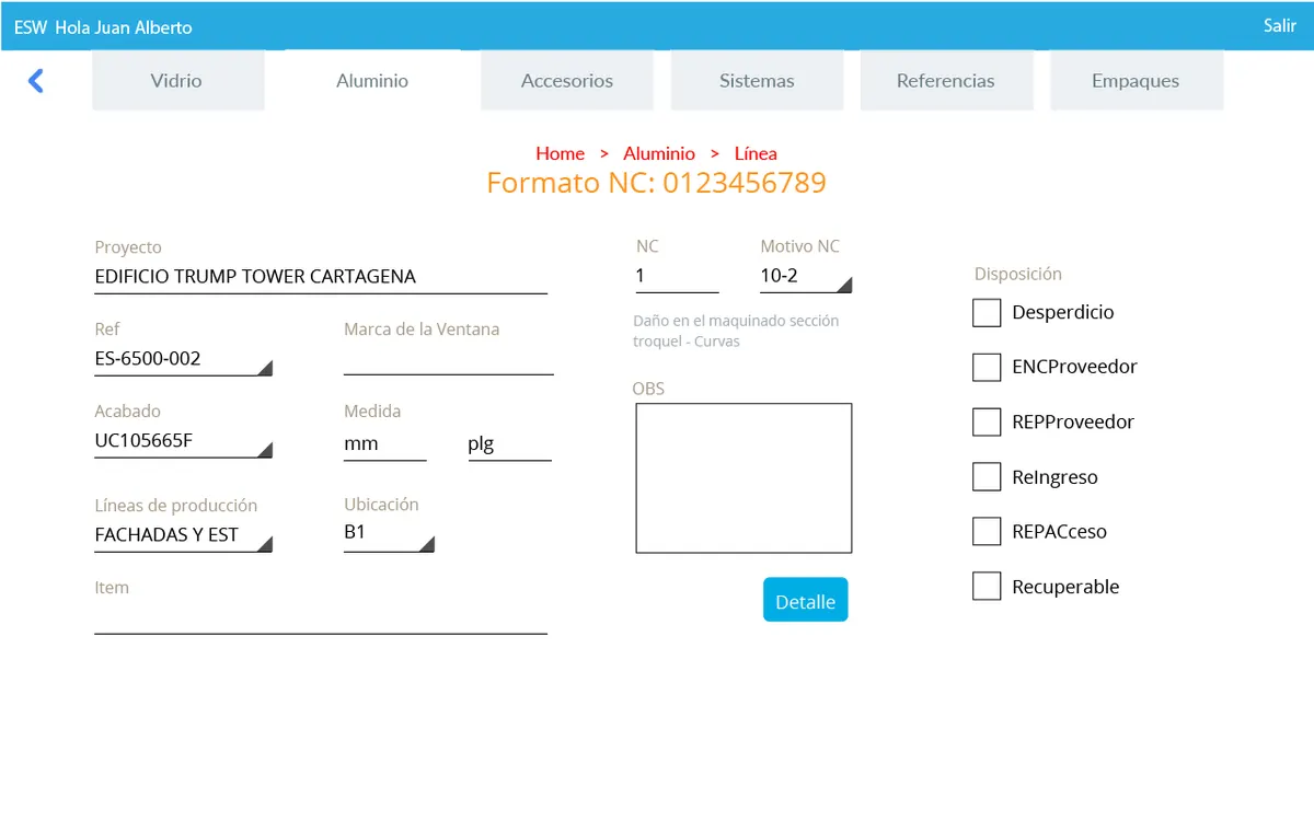 Aluminio linea formulario no conformidad — GlassInspector