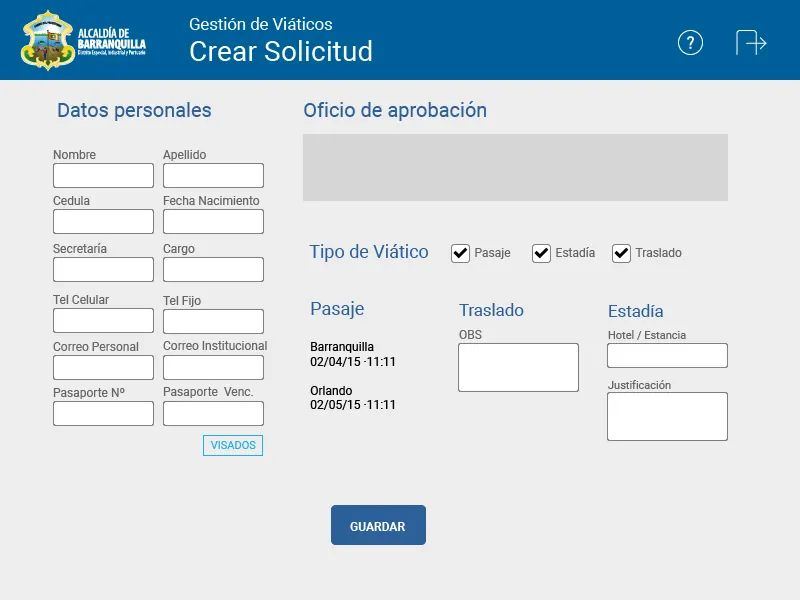 Crear solicitud formulario — Viáticos